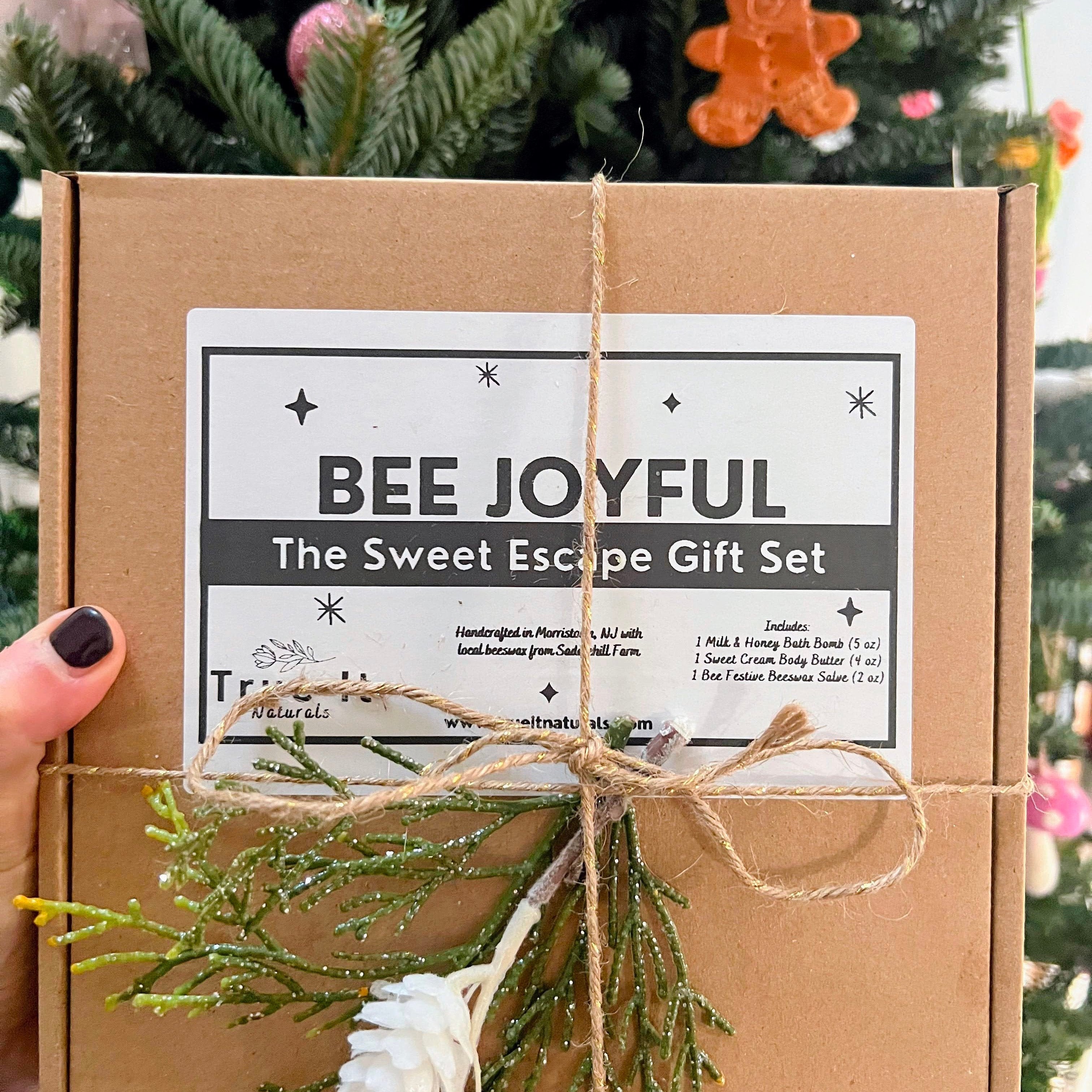 Perfectly wrapped holiday gift set of Bee Joyful from True It Naturals