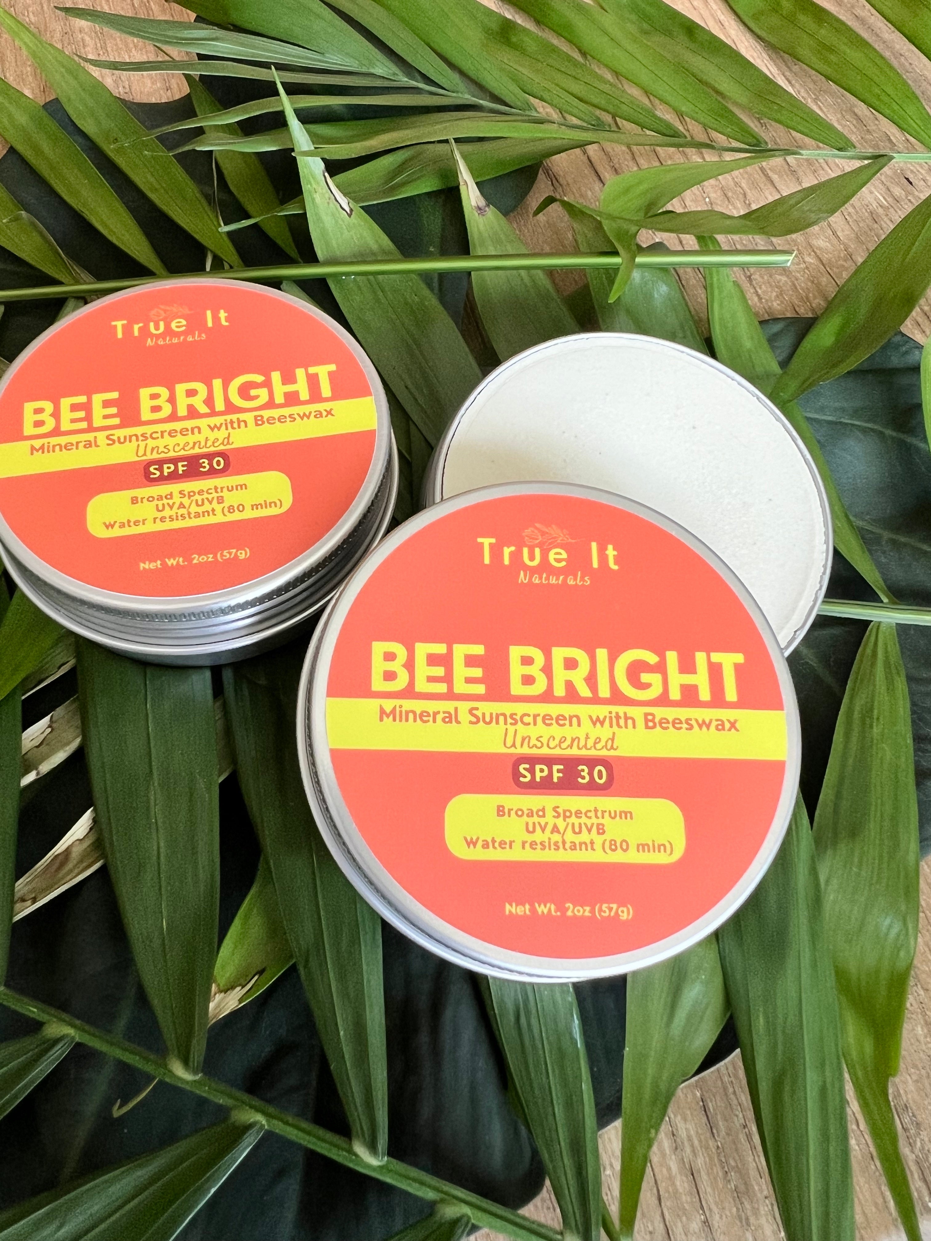 Unscented Mineral Sun Cream - BEE BRIGHT SPF 30 - Reef Safe - Non Nano Zinc Oxide - Beeswax - Organic - Water Resistant - 2 oz